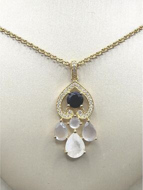 20" Black Onyx & Grey Moonstone Chandelier Necklace | 18K Gold Vermeil